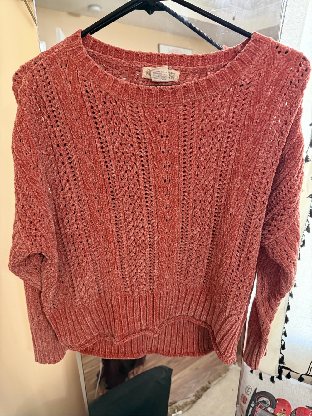 Open-Knit Crewneck Sweater in Dusty Rose